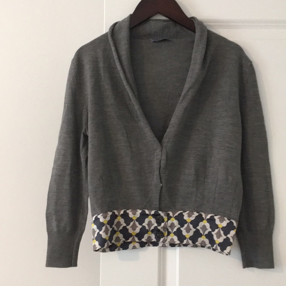 Womens grey wool cardigan with silk printed waistband